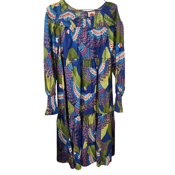 Farm Rio Macaw cotton long-sleeve blue midi dress size XS - Picture 2 of 8